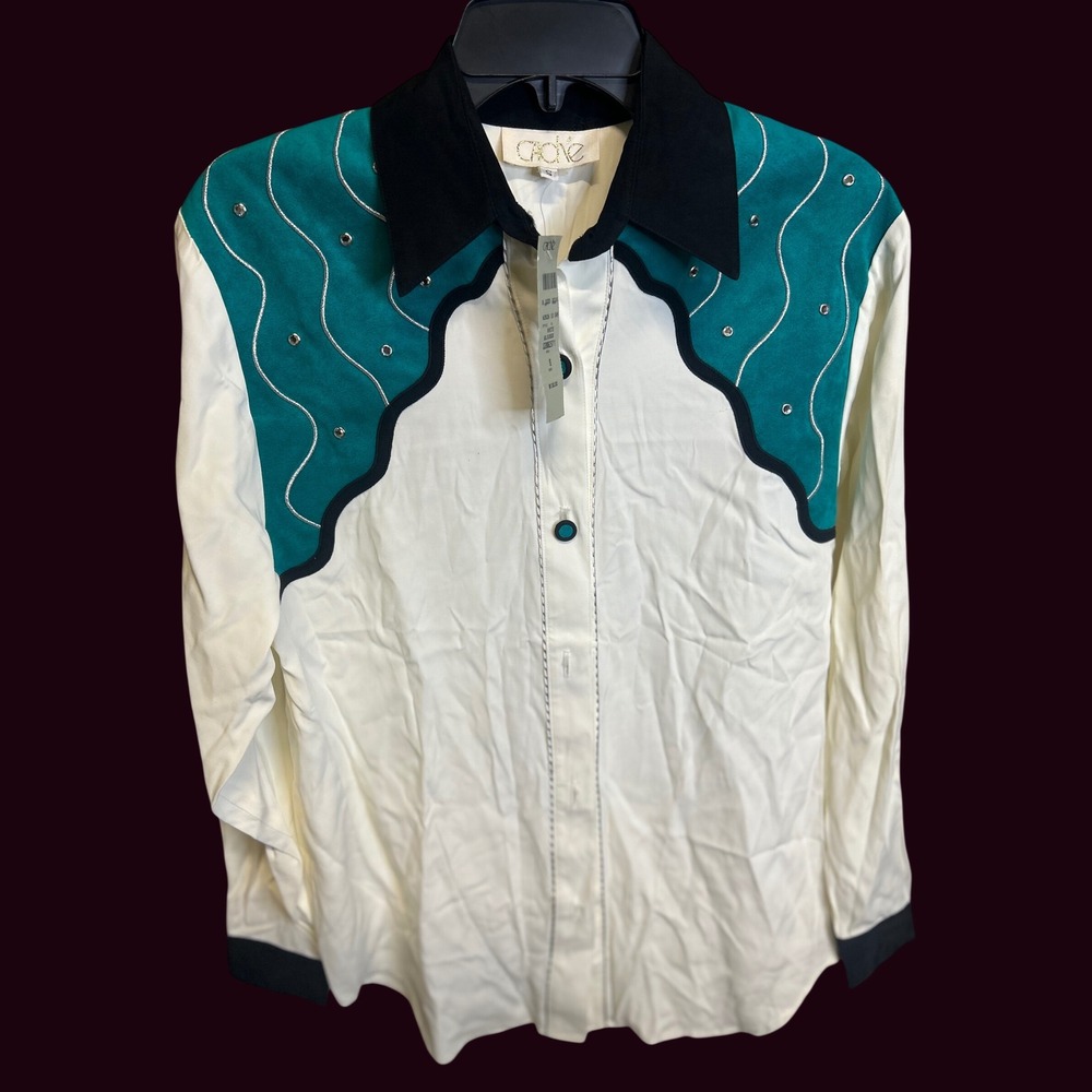 NWT Cache Blouse Womens Small White Teal Vintage Western Rhinestone  Ultrasuede